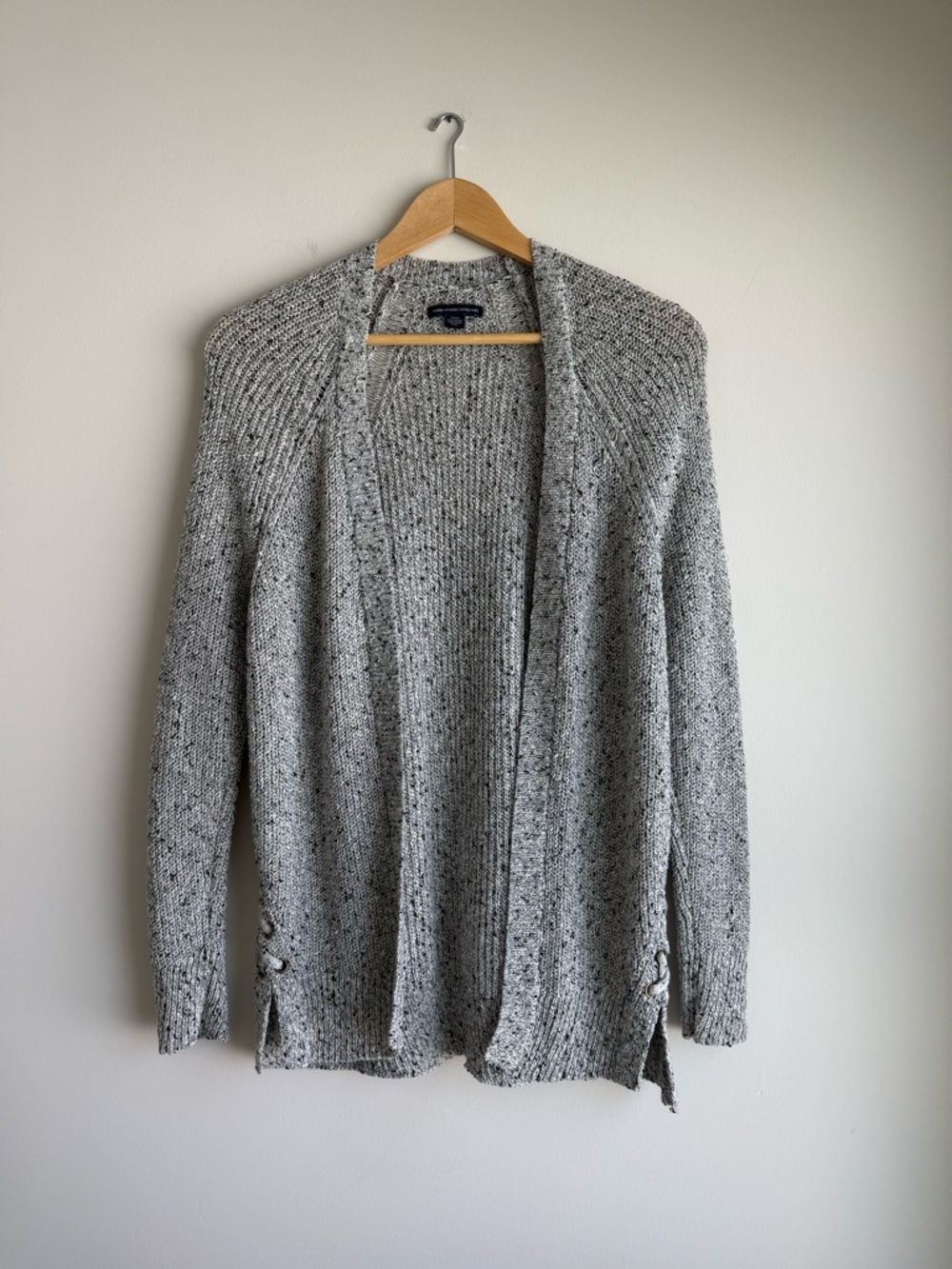 American Eagle Open Front Cardigan Lace Up Sleeve Gray Knit Size Small